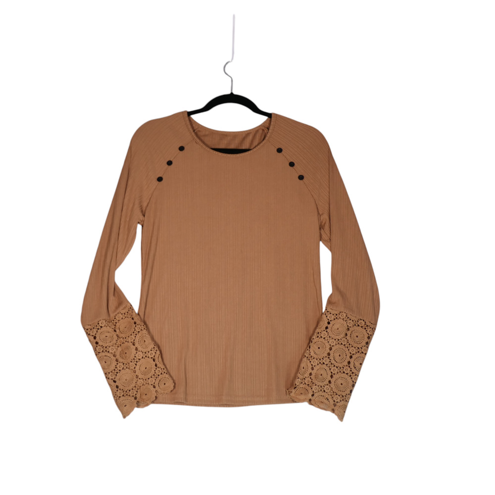 Shein Blouse Womens XL Brown Faux Button Detail Ribbed Lace Cuffs Soft Girl Boho